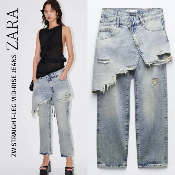 Zara The Layered Denim Skirt Over Jeans Size 2 - Picture 1 of 16